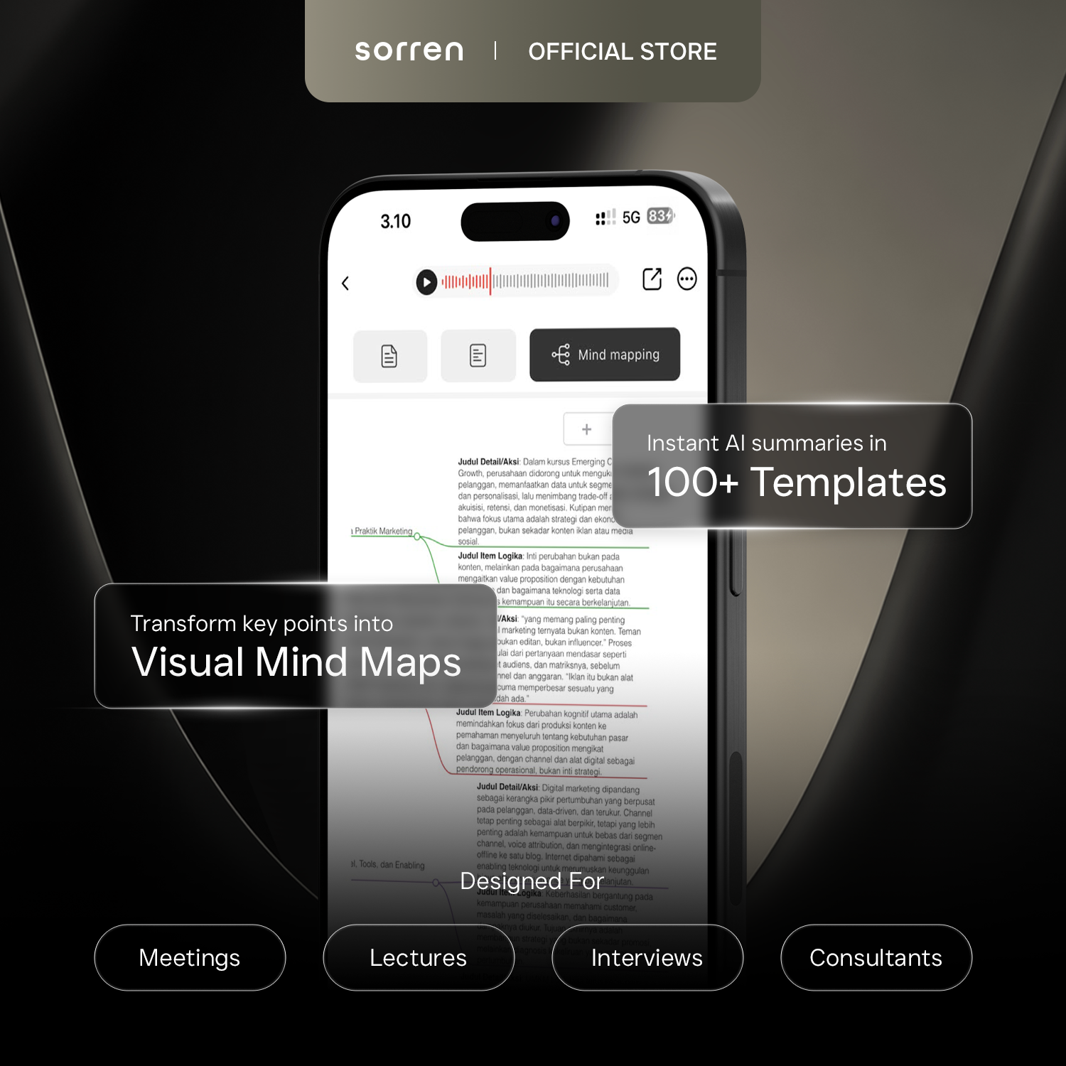 Aplikasi Sorren VAI menampilkan mind map AI dan 100+ template ringkasan di smartphone