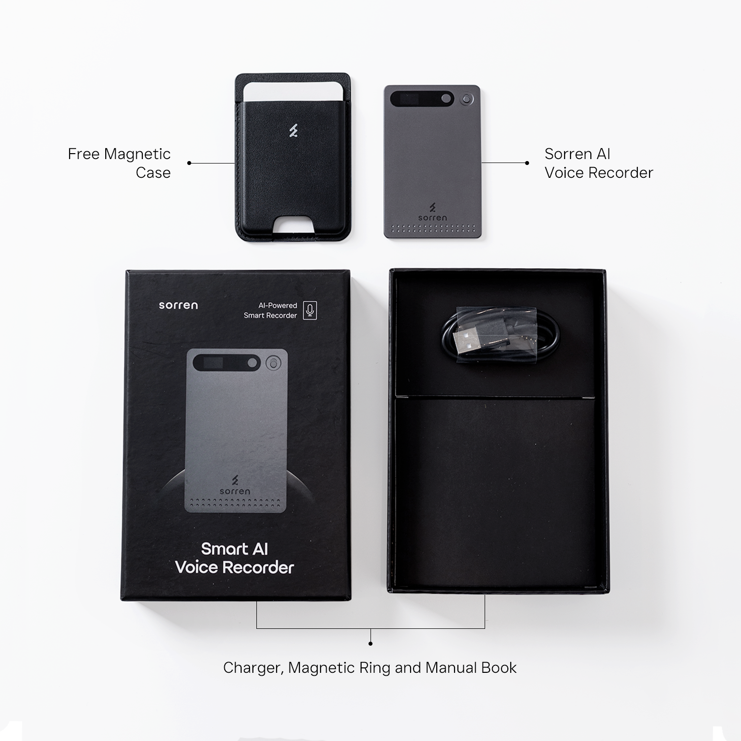 Isi kotak Sorren VAI — perekam, case kulit magnetik gratis, kabel pengisian, magnetic ring, dan buku panduan